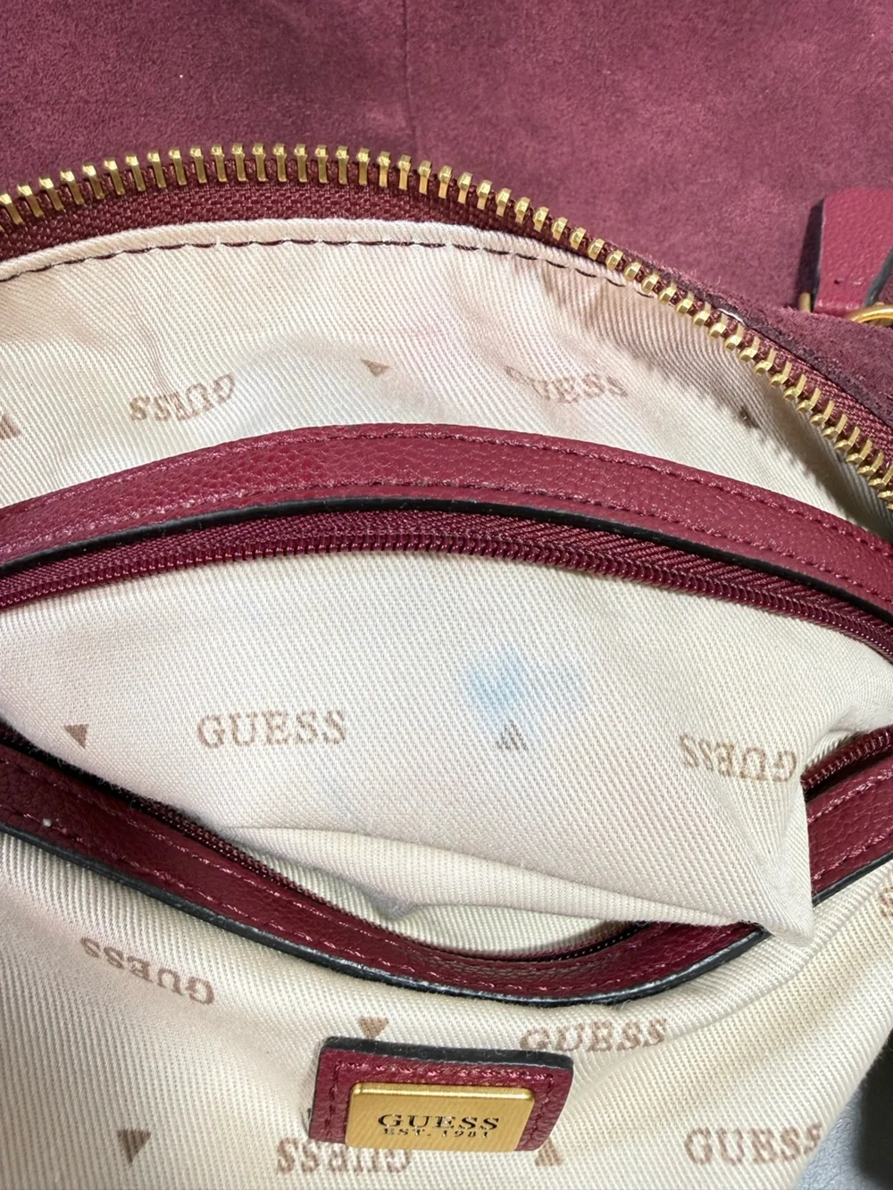 GUESS Malva Wine Suede and Leather Hobo Bag